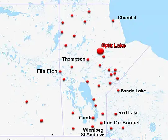 Map showing the location of Split Lake in Manitoba